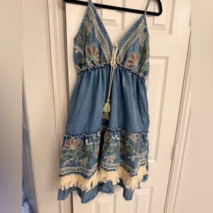 Embroidered Denim look like Dress with Tassels, 100 % cotton